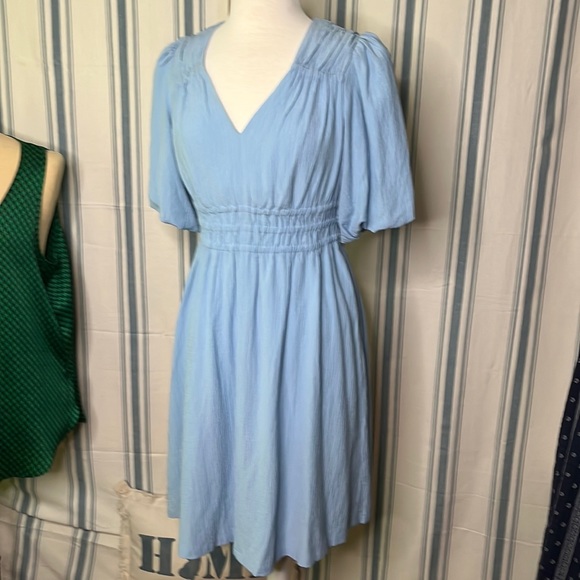 CALVIN KLEIN baby blue smocked poof sleeve womens Gauze dress - Picture 3 of 12